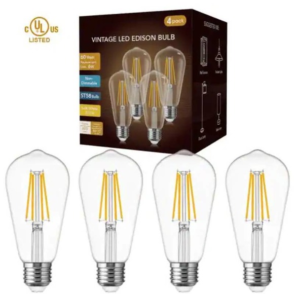 YANSUN UL Listed 6W 60W ST58 Edison LED Light Bulb Soft White 2700K (4-Pack) - Picture 1 of 5
